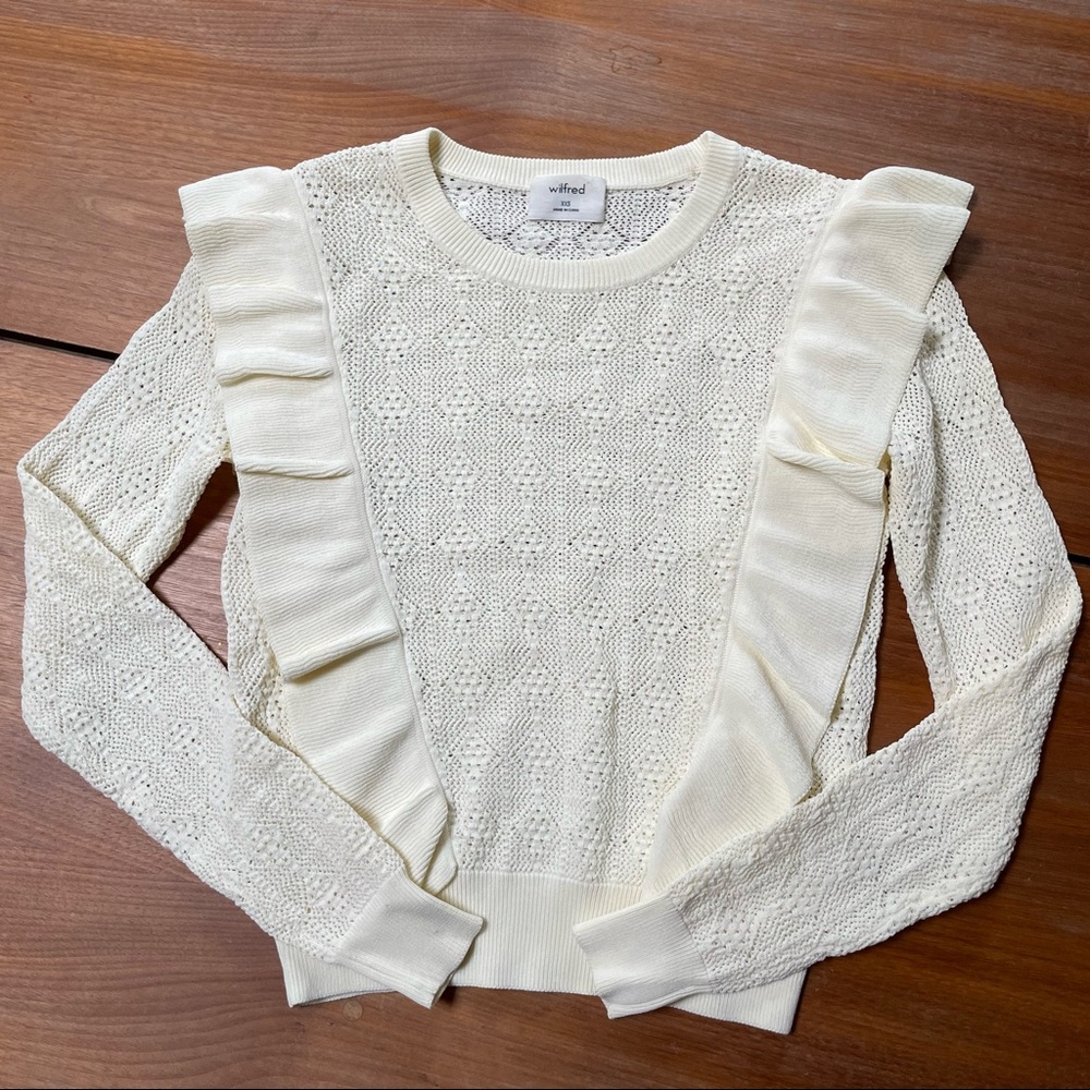 Aritzia-Wilfred feminine ruffle pointelle-knit ivory sweater - Picture 4 of 9